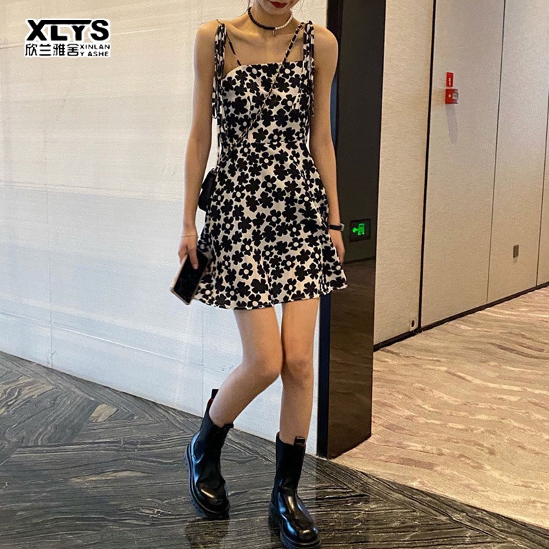 Đầm ngắn hai dây XINLANYASHE dáng chữ A in hoa màu trơn thời trang mùa hè nóng bỏng dành cho bạn nữ váy thiết kế tay bồng