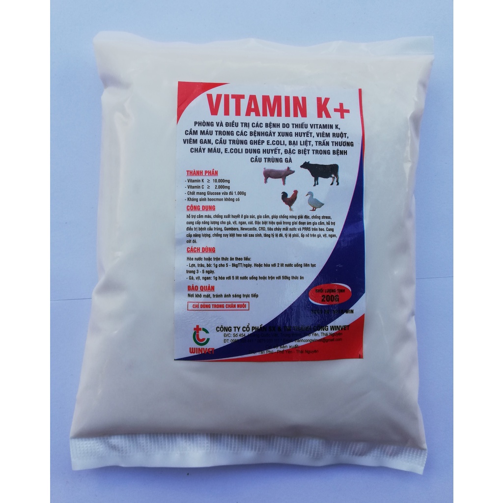1 gói VITAMIN K 200g Cung cấp vitamin K, giúp cầm máu nhanh Dùng tốt khi cắt mỏ, cắt đuôi, thiến lợn, chó, mèo