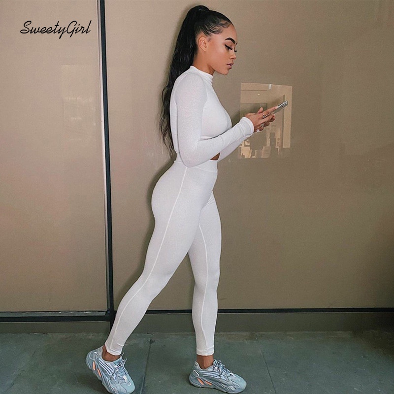 Set áo croptop tay dài cổ tròn + quần legging lưng cao màu sắc thời trang cho nữ