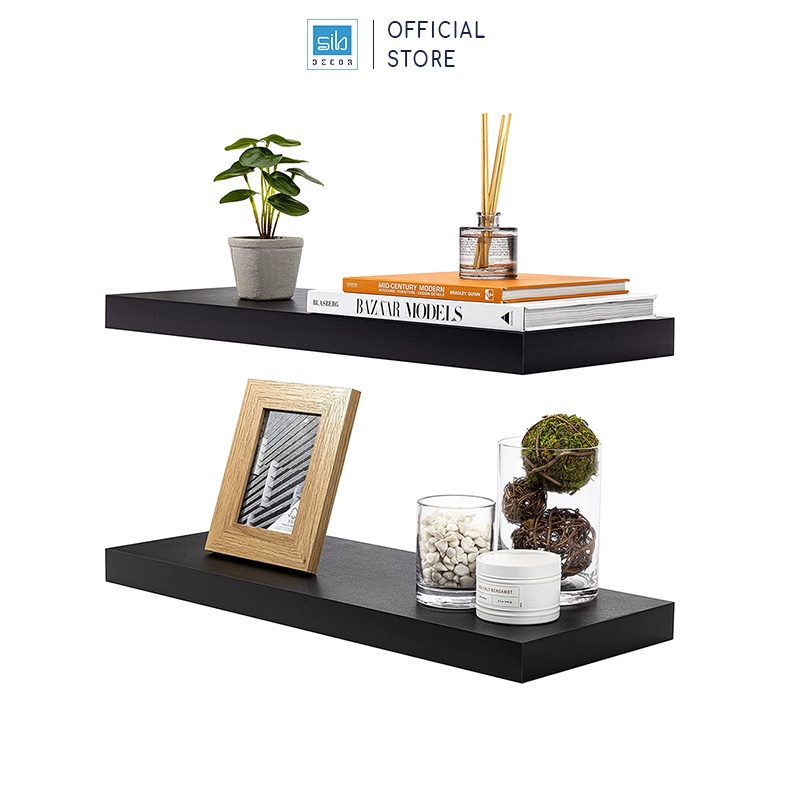 Set 2 Kệ Gỗ Treo Tường Cùng Kích Thước Màu Đen SIB Decor, Loại Kệ Gỗ Dày 25mm
