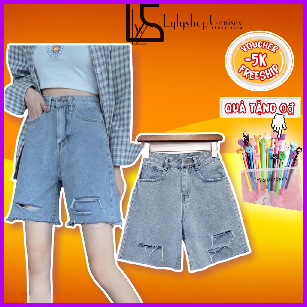 Quần short jean nữ LylyshopUnisex kiểu ống rộng rách nhẹ, quần sooc đùi chất bò mềm mịn đường may chắc chắn, đủ size