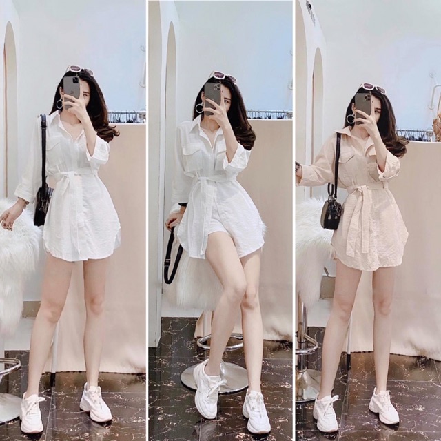 S952 Set Áo Sơ Mi Dáng Dài Che Mông May Túi Ngực Cá Tính Mix Quần Short Kẻ Ly Kèm Dây Lưng Buộc Eo