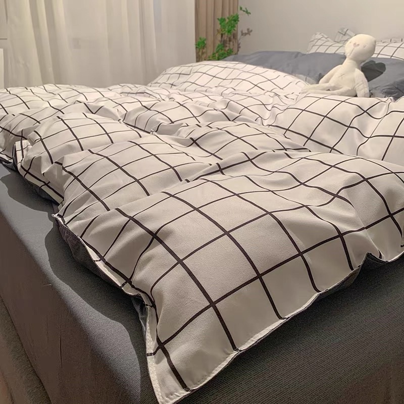 Set Bộ Vỏ Chăn Ga Cotton Poly Ô Vuông Trắng _ shinbedding