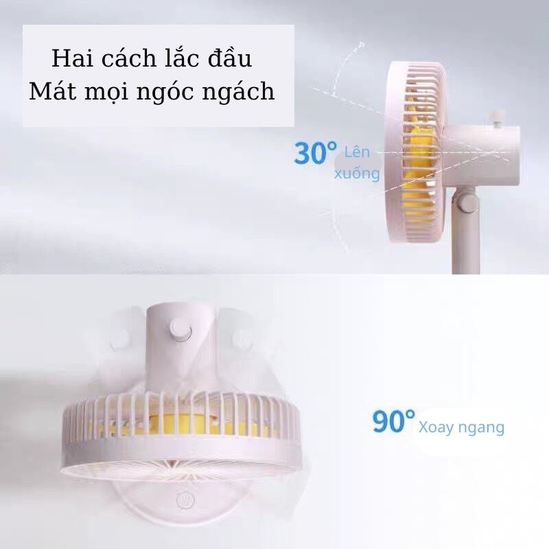 Quạt tích điện để bàn cầm tay mini xoay 180 độ, 3 mức gió kiêm đèn ngủ ban đêm tiếng ồn thấp. Máy làm mát cá nhân
