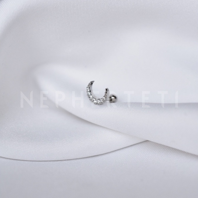 Khuyên tai bạc 925 mini - Mặt trăng đá chốt bi vặn  - Nepherteti