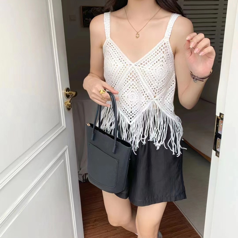 Brroa Áo Croptop Dệt Kim Phối Tua Rua Cổ Chữ V Phong Cách Boho Cho Nữ