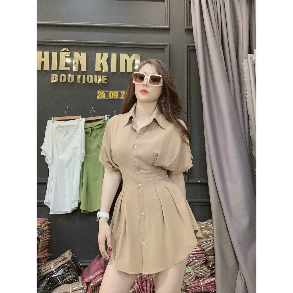 Set đầm sơ mi tay ngắn kèm quần