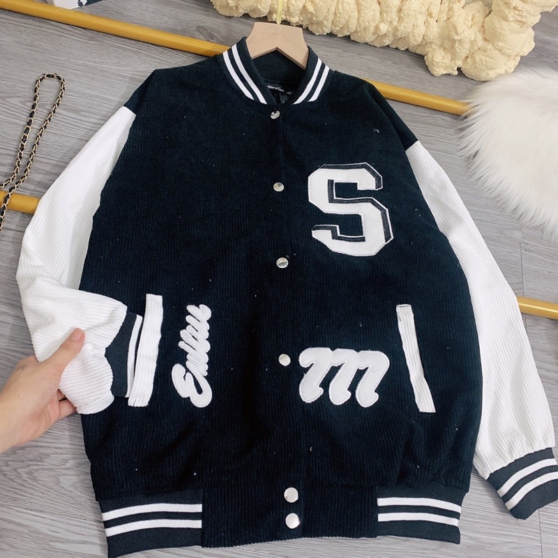 Áo Bomber Thể Thao Áo Khoác Bóng Chày Nhung Tăm Chữ S