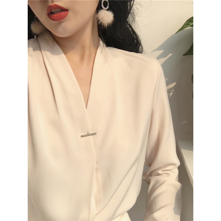 Áo sơ mi trắng nữ áo sơ mi công sở không nhăn cổ V thiết kế vừa người điệu đà sang trọng