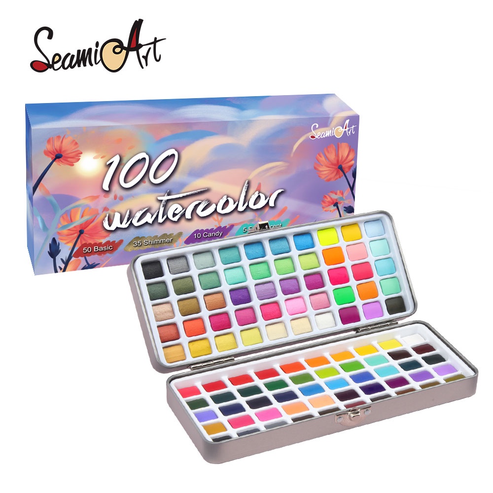 Bộ 100 màu nước SeamiArt ánh kim lấp lánh