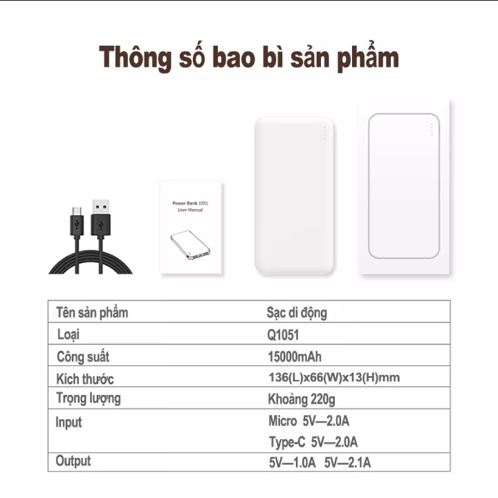 Sạc pin dự phòng 15000mAh siêu mỏng nhỏ gọn cho điện thoại android iphone xiaomi oppo samsung sony LG