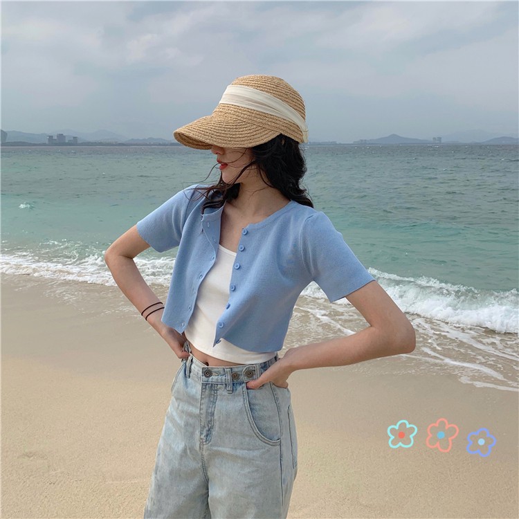 「HOME5」 Áo len croptop AimeiBeauty tay ngắn trẻ trung