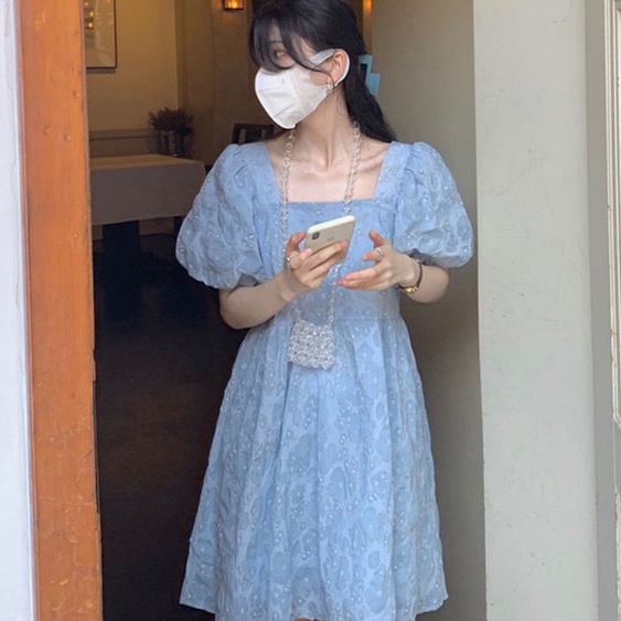 [MURIOKI] Đầm Chiffon Chữ A Cổ Vuông Tay Phồng In Họa Tiết Phong Cách Hàn Quốc Thời Trang Quyến Rũ Cho Nữ