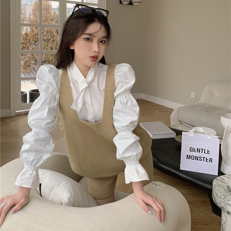 22aw!F &amp; X Bộ Áo Sơ Mi Tay Phồng Phong Cách Phương Tây + Áo Sweater Dệt Kim Không Tay Dễ Phối Đồ Thời Trang Mùa Thu Cho Nữ