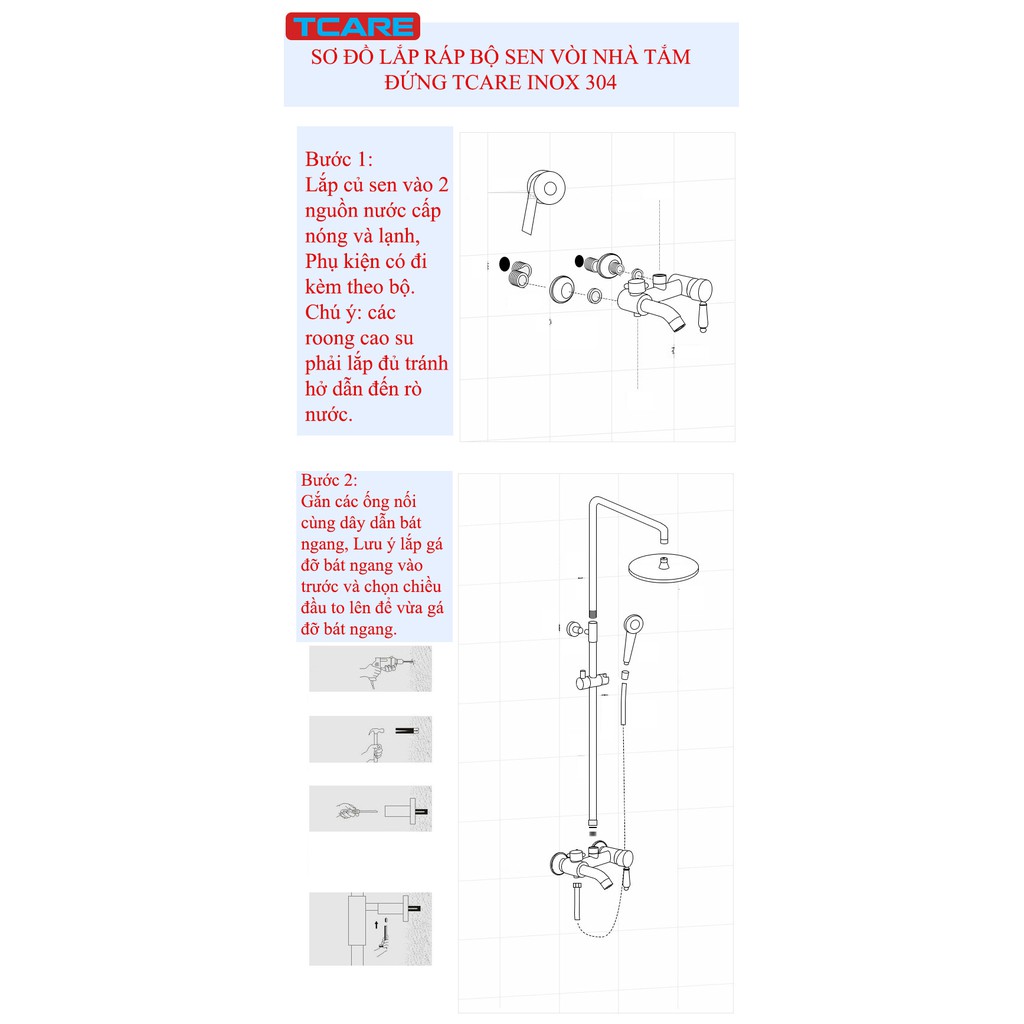 Bộ sen cây tắm đứng Inox 304, Sen vòi tắm Tcare 2 Bát tròn - Hàng Chính hãng