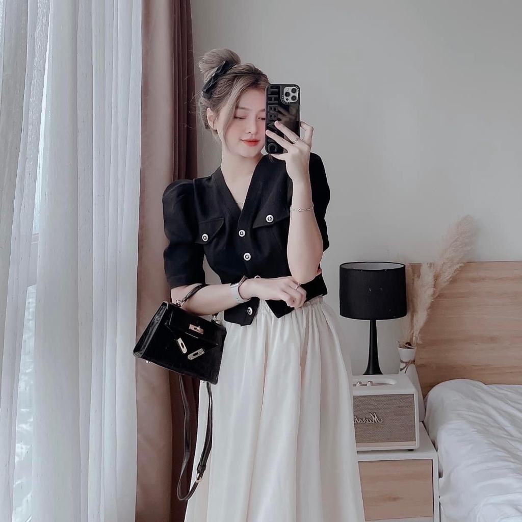 Set bộ đồ nữ áo croptop bồng bềnh đính nút mix chân váy voan dài siêu xinh, sang chảnh dành cho các nàng đi chơi, đi làm