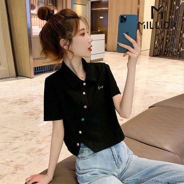 Pure Cotton personalized polo collar color buckle short T-shirt women's 2021 summer new western style all-match age-reducing design fashionable top