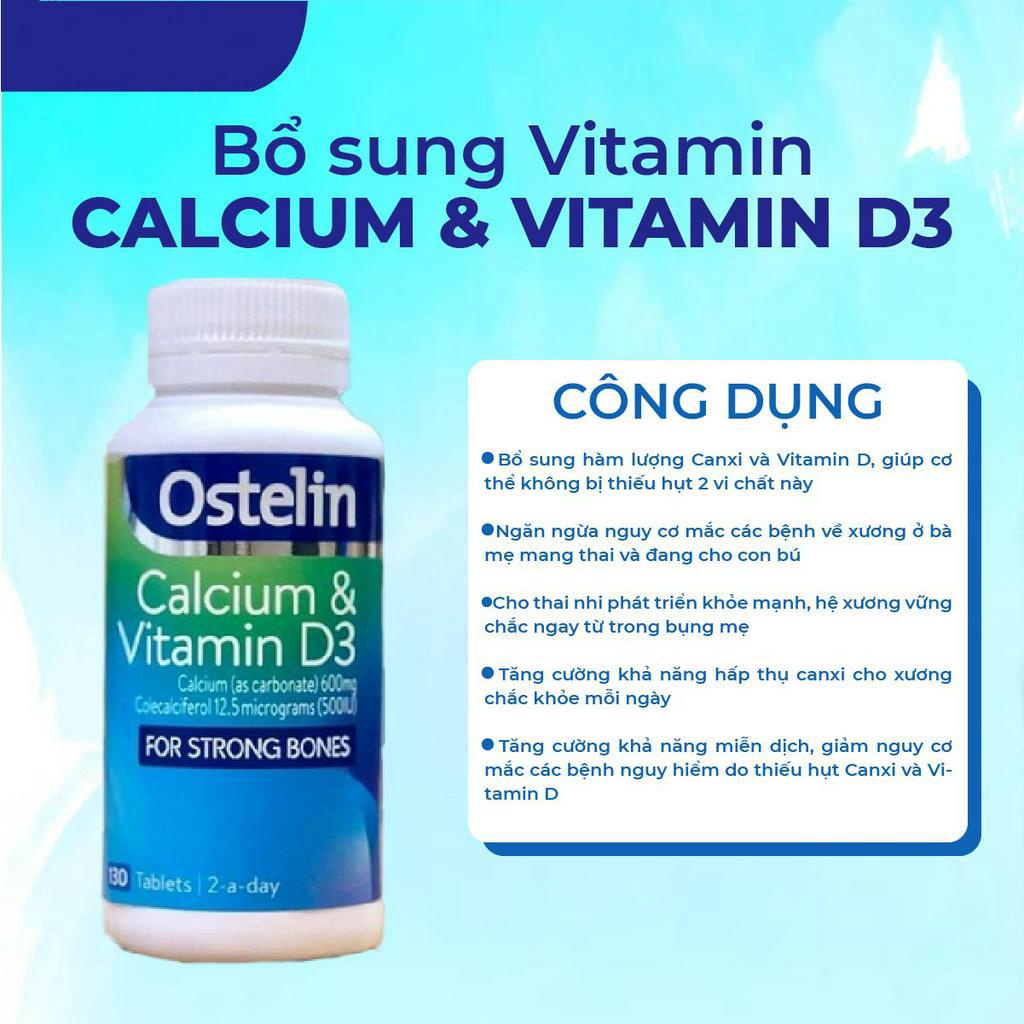 Combo 2 lọ canxi bầu Ostelin Calcium & Vitamin D3 130 viên Úc cho bà bầu hỗ trợ phòng chống còi xương, dị tật