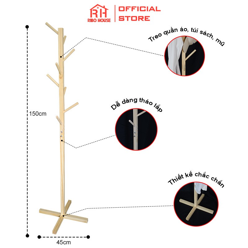 Cây treo quần áo gỗ RIBO HOUSE Standing Hanger kệ sào treo quần áo túi xách loại đứng RIBO136