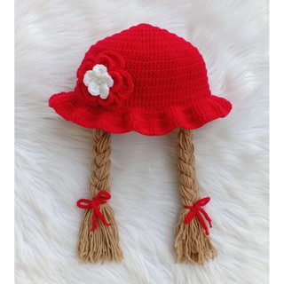 Nón len tông đỏ có 2 bím tóc cho bé gái - Dương liễu handmade