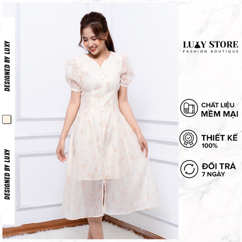 Đầm hoa nhí LUXY V30263 vải tơ xước phối voan cao cấp màu be tay bồng