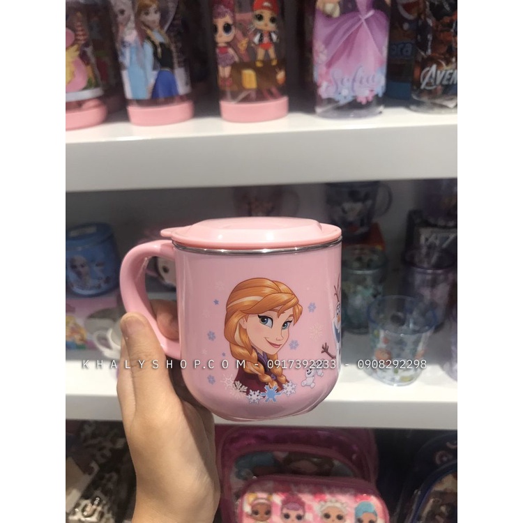 Ly inox giữ nhiệt, cốc có quai cầm 260ml hình 2 nàng công chúa Anna và Elsa (Frozen) , Olaf màu hồng nhạt cho bé gái