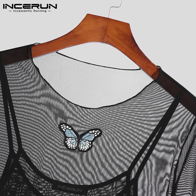 Set áo croptop tay dài xuyên thấu + áo không tay hai dây họa tiết bướm INCERUN thời trang cho nam