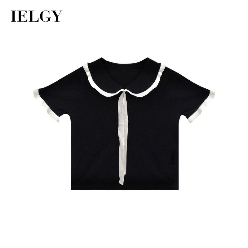 Áo thun Ielgy tay ngắn dáng rộng cổ áo búp bê trẻ trung hợp thời trang cho nữ