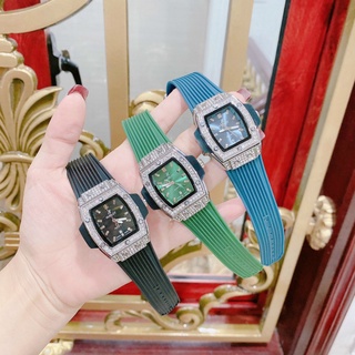 Đồng hồ nữ đeo tay hublot, đồng hồ thời trang nữ đính đá dây cao su silicon mặt chữ nhật viền kim loại