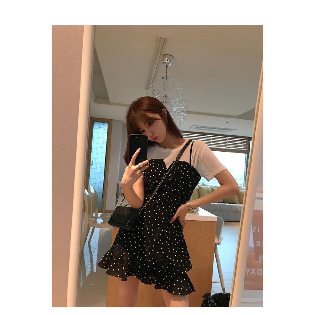 SUXI Đầm chấm bi phong cách retro Hàn Quốc