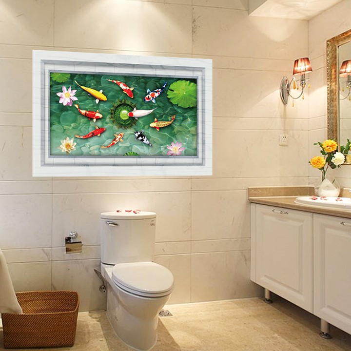 Tranh 3D phong thủy cá chép quần tụ ao sen vượng phát sinh khí tài lộc