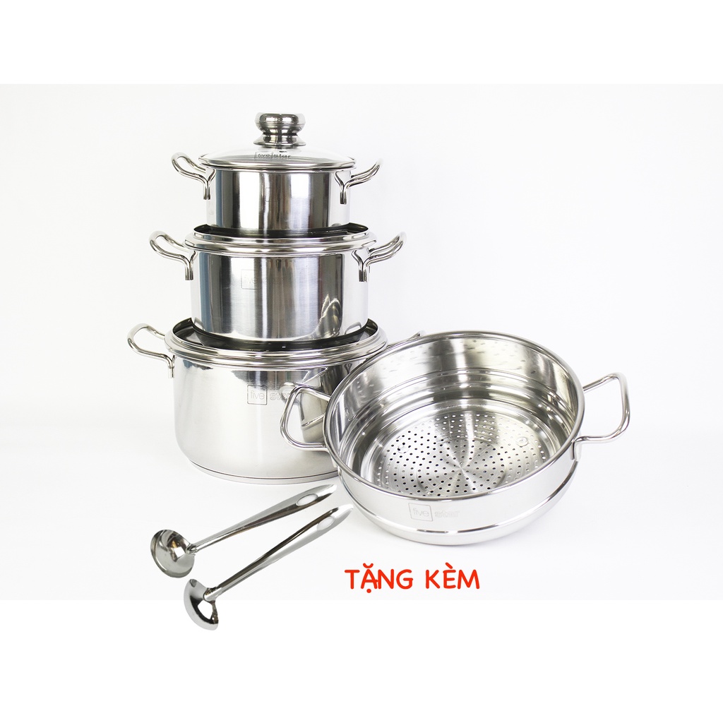 Bộ nồi xửng hấp 3 đáy inox 430 Fivestar Standard bếp từ nắp kính tặng 2 muỗng canh