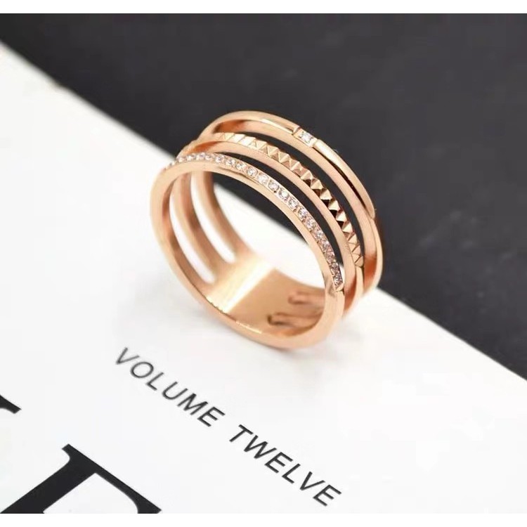 Nhẫn đeo tay/đeo khớp ba lớp bằng thép titan mạ vàng hồng thiết kế rỗng không dị ứng chống nước kiểu Hàn Quốc cho nữ