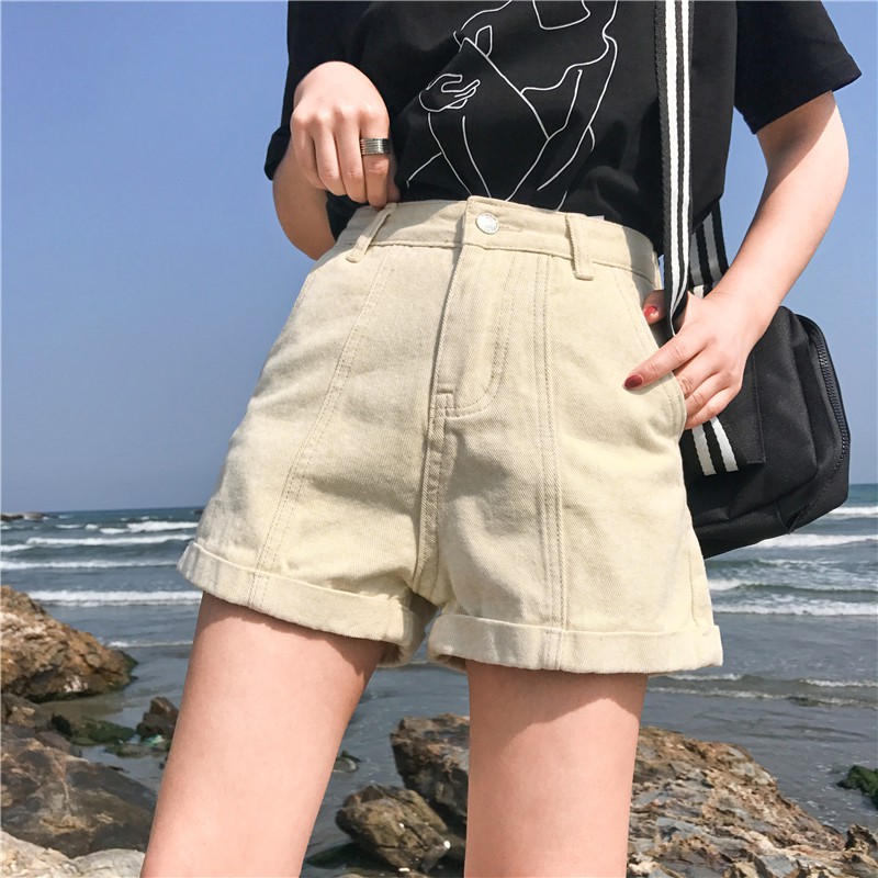 quần short ulzzang short jean jeans soóc bò xắn gấu trắng đen be kiểu dáng hàn quốc cạp lưng cao