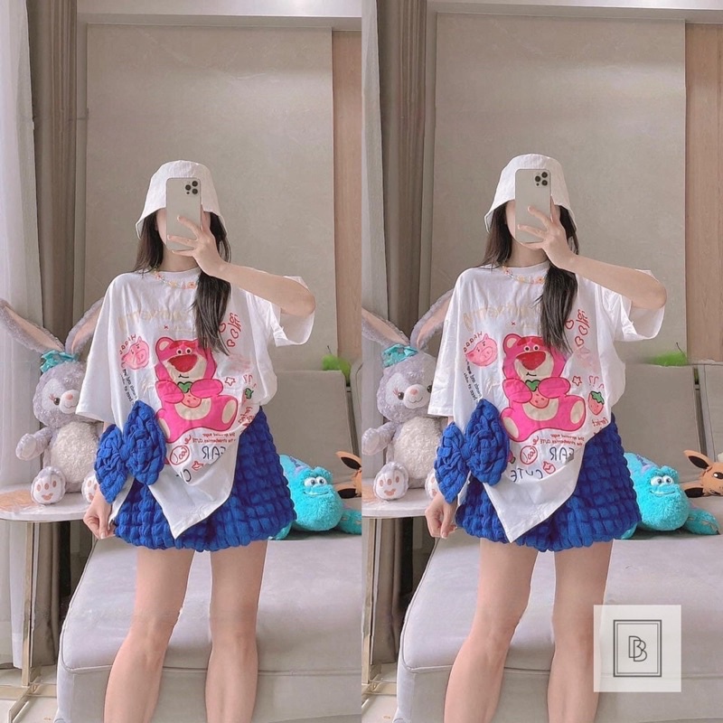 SÉT BỘ ÁO THUN COTTON IN HÌNH GẤU DỄ THƯƠNG PHỐI QUẦN XỐP Ô VUÔNG CỰC HOT UP