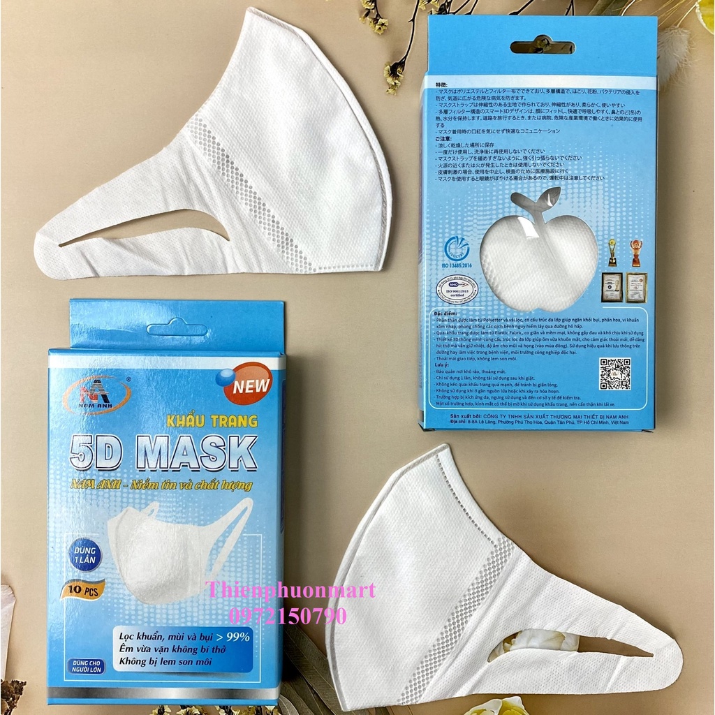 Khẩu Trang NAM ANH 5D DÂY VẢI Kháng Khuẩn 3 Lớp 10 Cái/ Hộp