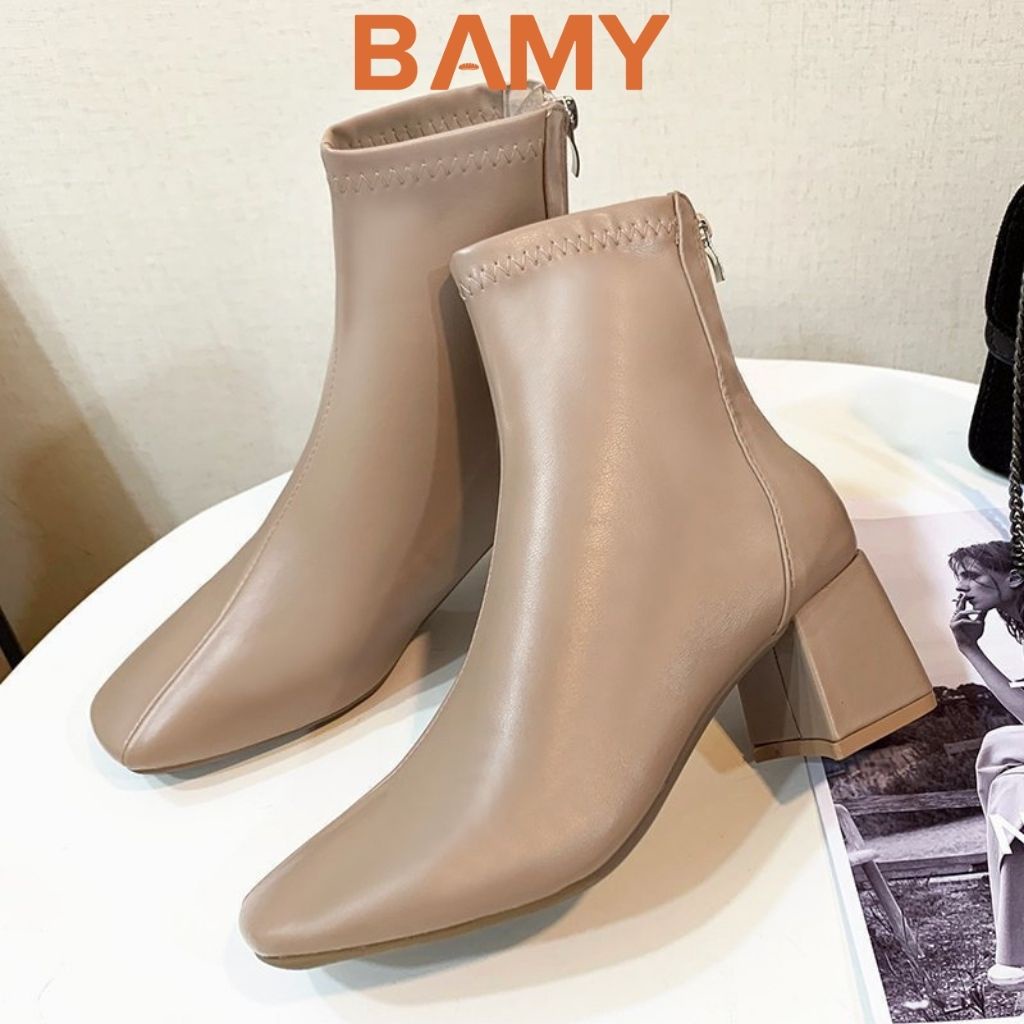 Bốt nữ da mềm Gân Chéo cổ cao khóa sau BAMY, giày boots ulzzang mũi vuông gót trụ 6 phân B01 | BigBuy360 - bigbuy360.vn