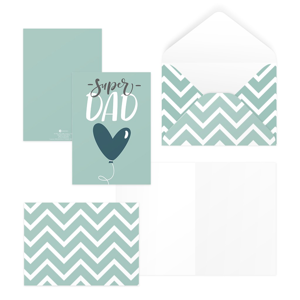 Bộ 4 thiệp 12,5x17,6 SDstationery TEAL LOVE FOR DAD pattern trái tim typography tặng bố ngày của cha father’s day Vu Lan