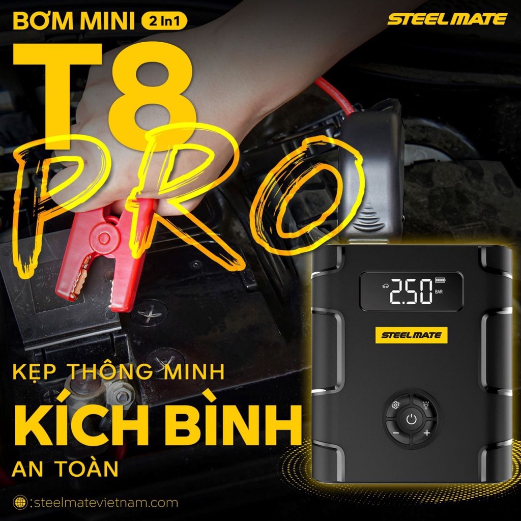 Bơm lốp kết hợp kích bình chính hãng Steelmate T8 PRO, Bơm lốp, kích bình, sạc điện thoại