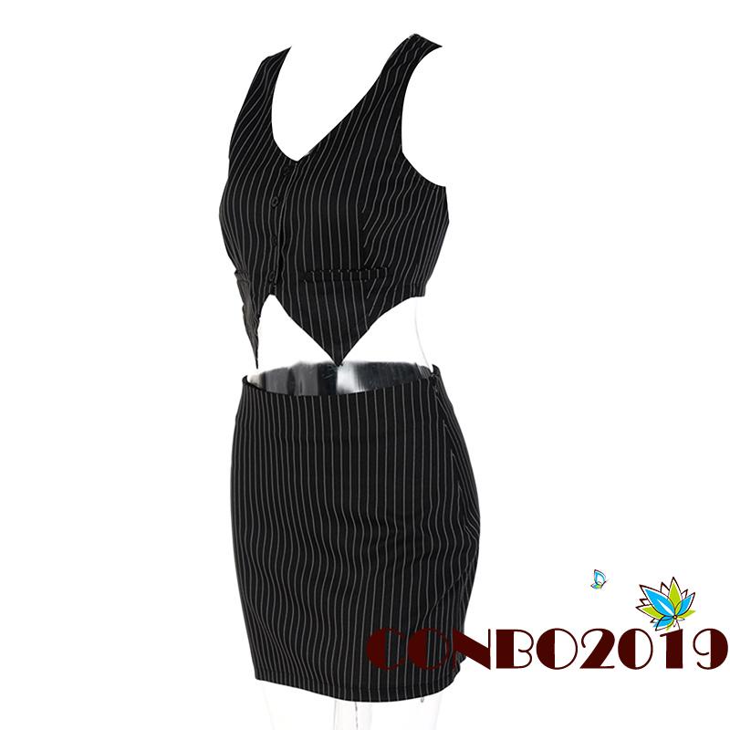 Set Áo Tank Top Cổ Chữ V + Chân Váy Chữ A Họa Tiết Kẻ Sọc Màu Đen Size S/M/L Cho Nữ