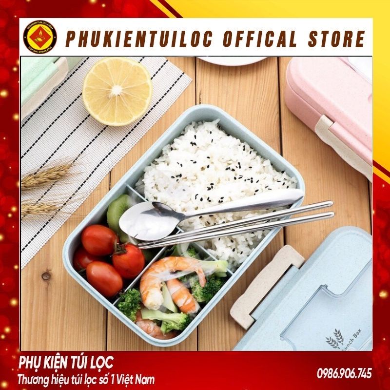 Hộp Đựng Cơm Giữ Nhiệt Ăn Trưa Văn Phòng Chia 3 Ngăn Bento Cute - Cà Mèn Tặng Thìa Đũa - Khay Sử Dụng Lò Vi Sóng