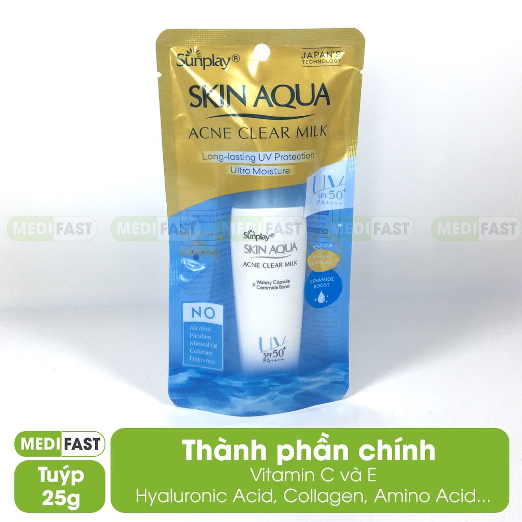 Sữa chống nắng dưỡng da ngừa mụn Sunplay Skin Aqua Acne Clear Milk cho da mụn dầu tuýp 25g