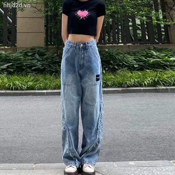 Quần vải denim ống rộng dáng dài lưng cao thời trang cho nữ