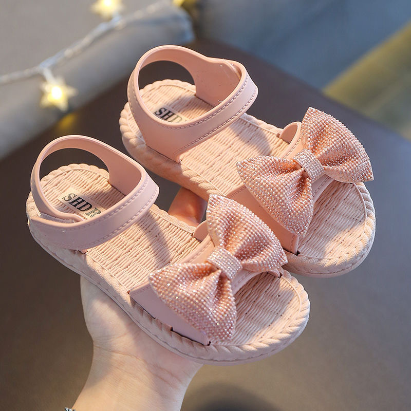 Girls Sandals Pretty Princess Shoes 3-8Yrs Kids Summer Soft Rubber Flat Sandals Knot-bow Pink Beach Shoes