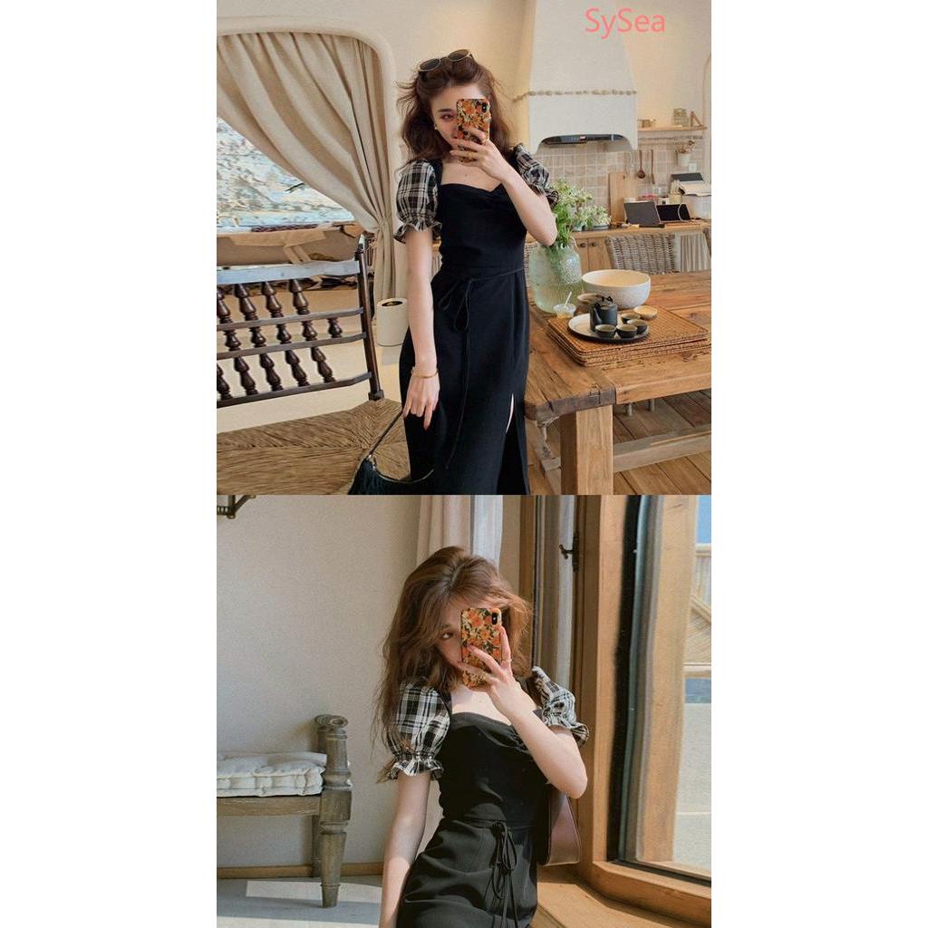 Đầm Tay Ngắn Họa Tiết Sọc Caro Thiết Kế Xẻ Tà Phong Cách Retro