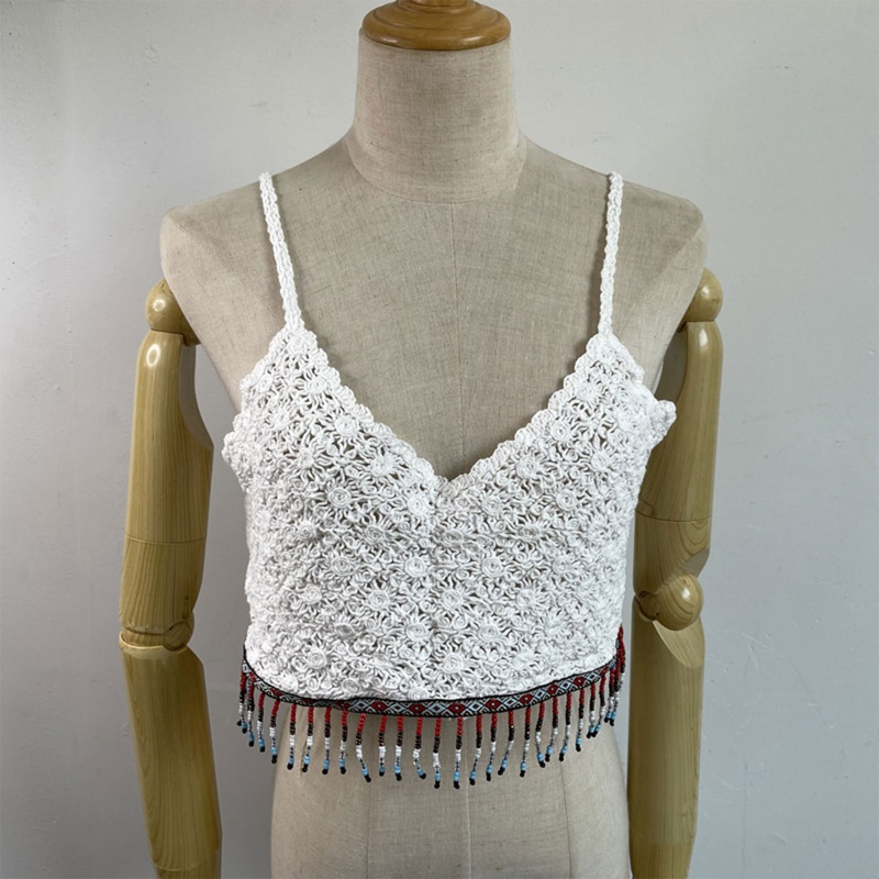 Brroa Áo Croptop Dệt Kim Hai Dây Cổ Chữ V Màu Trơn Họa Tiết Hoa Cúc Nhiều Màu Sắc Phong Cách Dân Tộc Cho Nữ