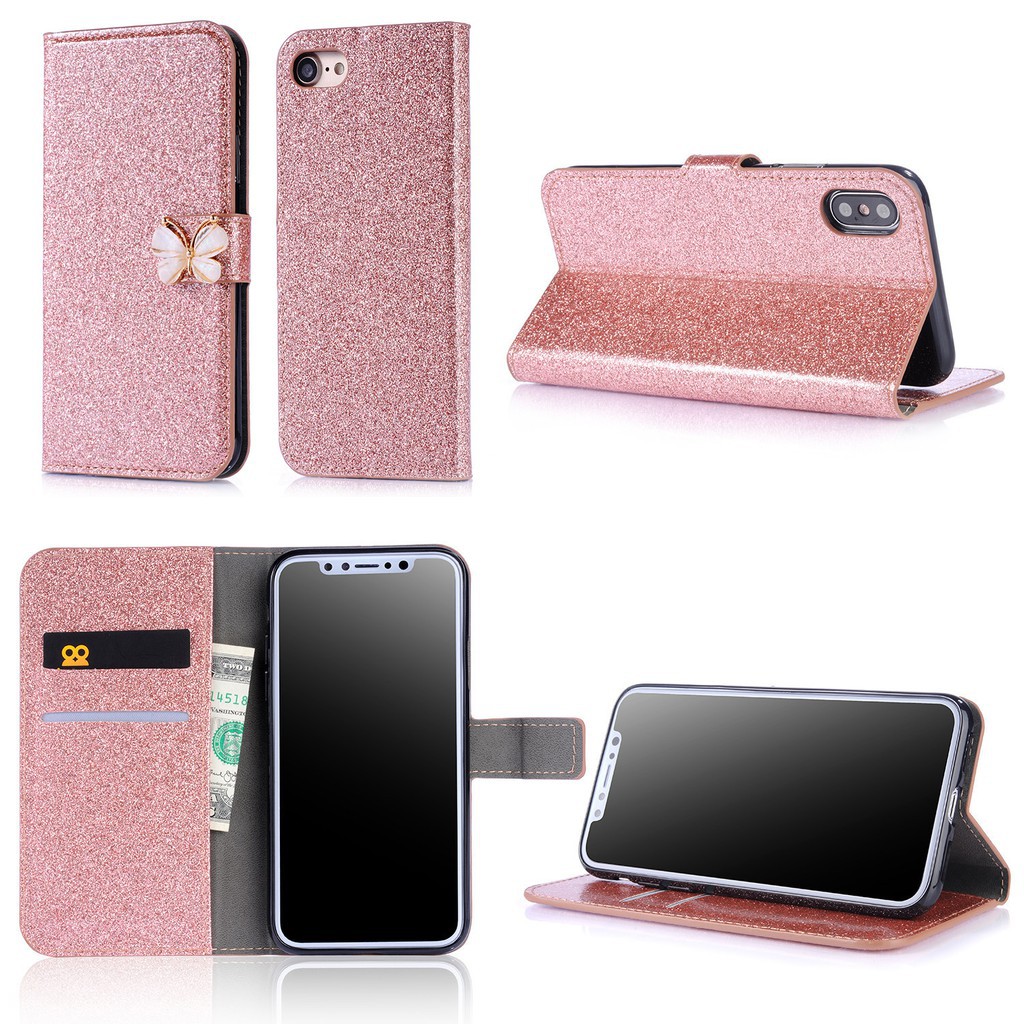 Bao da kim tuyến đính bươm bướm trang trí cho iPhone 7 8 Plus