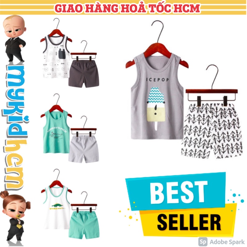 New 2022 Đồ Bộ quần áo trẻ em ba lỗ mùa hè bé traiin hình GẤU SỌC chất cotton