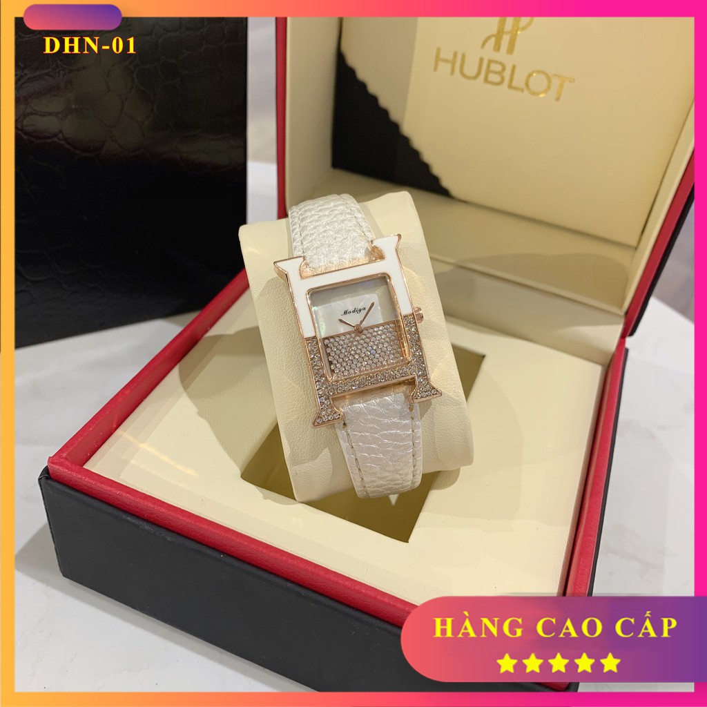 Đồng Hồ Nữ Mặt Vuông Đính Đá HZ Dây Da Tặng Lắc Tay Nữ DHN01 htshop