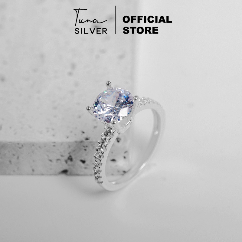 Nhẫn Bạc nữ đính đá 4 chấu cao cấp, Nhẫn bạc đá hình Diamond TUNA SILVER 𝑪𝒂𝒎 𝒌𝒆̂́𝒕 𝒄𝒉𝒖𝒂̂̉𝒏 𝑩𝒂̣𝒄 Trang sức Bạc cao cấp